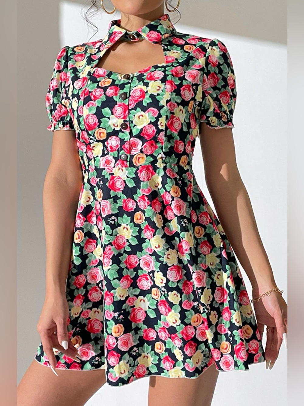Shiny Floral Buttoned Cutout Puff Sleeve Dress